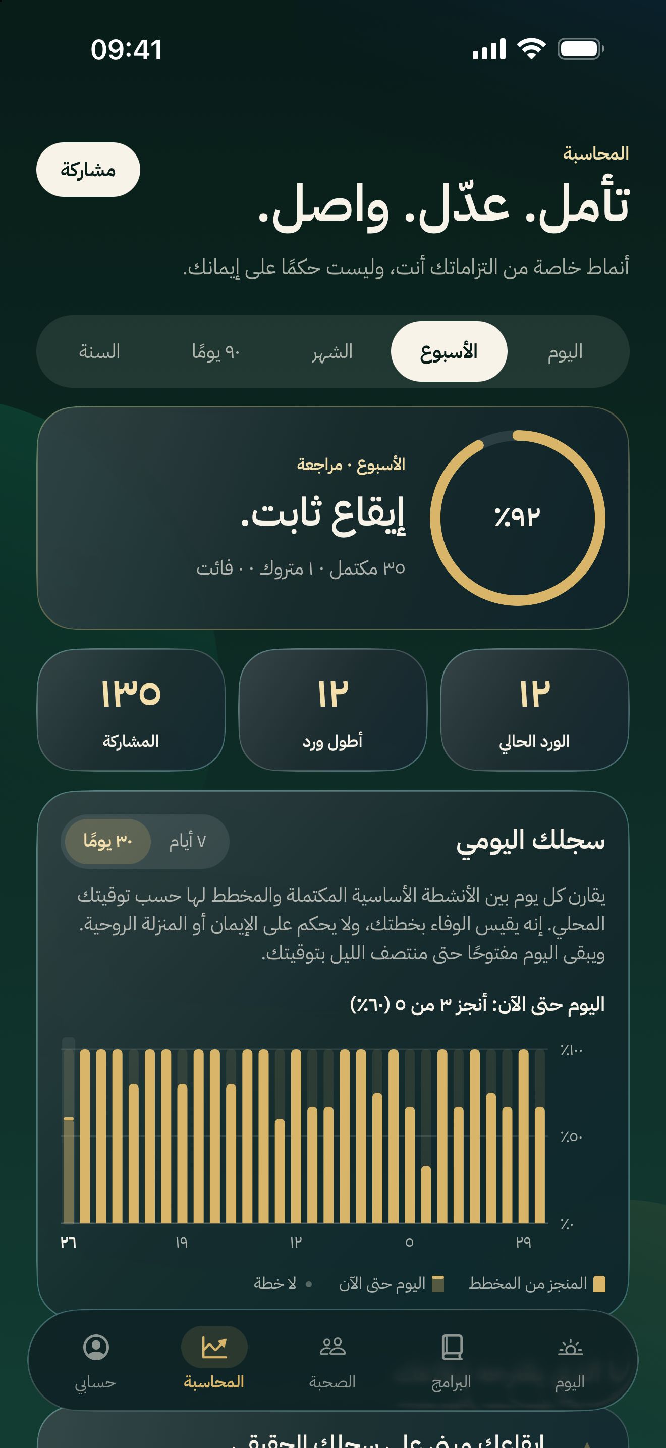 شاشة المحاسبة مع ثبات الأسبوع والسجل اليومي.